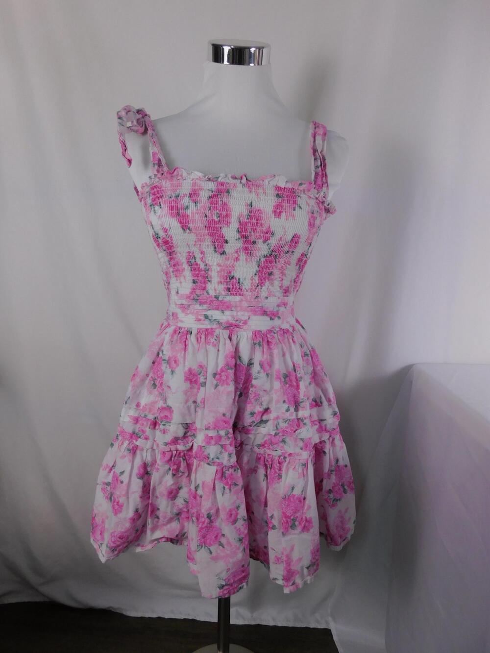 B. Darlin Dress Juniors 3/4 Pink Floral Smocked Fit & Flare Mini Tie Strap